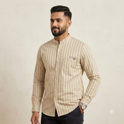 Model_wearing_striped_twill_shirt_20260922221034 Aarvo Classic Stripe